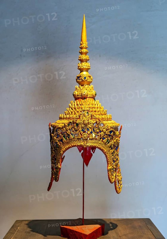 Golden Nang Keo Headdress for classical dance performances on display at Heuan Chan Heritage House, Luang Prabang, Laos, Asia