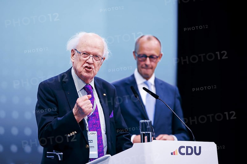 Friedrich Merz, party chairman of the CDU and Otto Wulff, outgoing member of the Federal Executive Committee, photographed at the 2024 CDU party conference in Berlin, 6 May 2024
