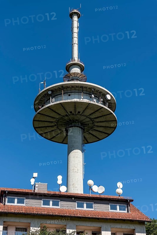 Telecommunications tower of Deutsche Telekom, transmission tower with antennas, Hoherodskopf summit, excursion destination, Schotten, Vogelsberg Volcano Region nature park Park, Hesse, Germany, Europe