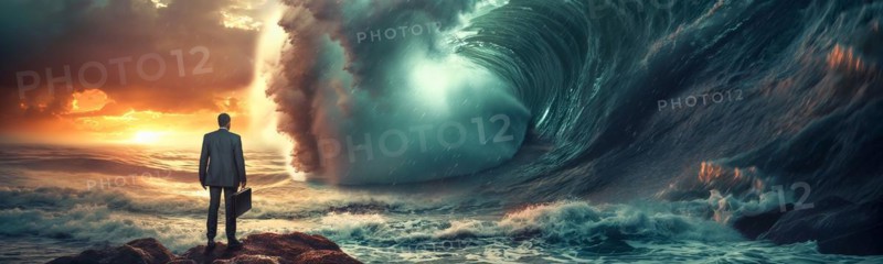 Banner of disheartened businessman standing on the shore in the midst of approaching turbulent crashing waves. feeling of overwhelming demands and impending doom, generative AI, AI generated