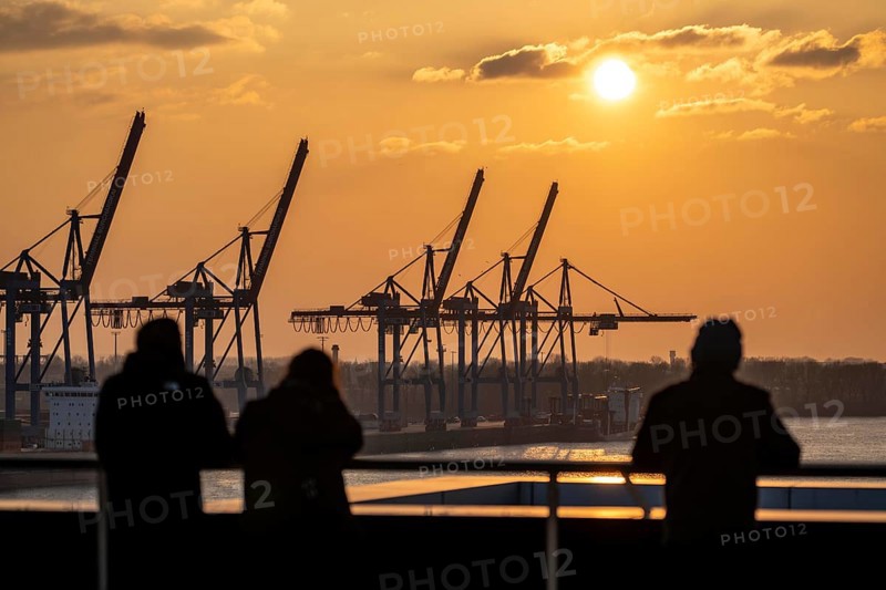 Hamburg Dockland building, viewing platform, view of the Elbe and the Container Terminal Burchardkai, sunset, Hamburg, Germany, Europe