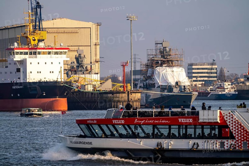 Port of Hamburg, Blohm + Voss shipyard, dredger OSTERIFF and corvette of the German Navy, Karlsruhe, F267, under construction, HADAG harbour ferry, Hamburg, Germany, Europe