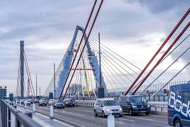 New construction of the A1 motorway bridge over the Rhine near Leverkusen, after completion of the new bridge, the old one in front will be demolished and another, for a total of 8-lane expansion, will be rebuilt at the same location, Leverkusen, North Rhine-Westphalia, Germany, Europe