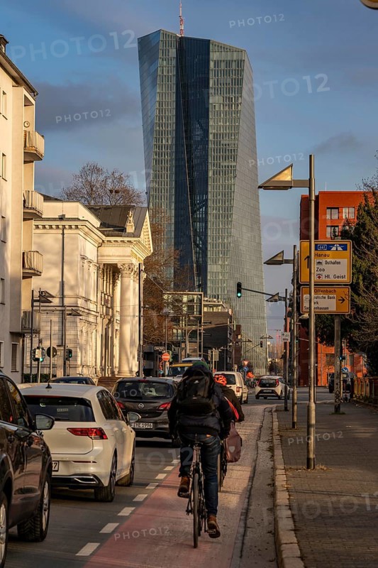 Inner city traffic, street Schöne Aussicht, with cycle track, columns facade of the Literaturhaus Frankfurt, the building of the European Central Bank, ECB, am Main, in Frankfurt, Hesse, Germany, Europe