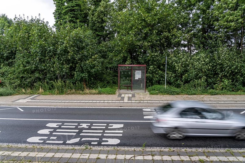 Bus shelter, bus stop Schalloh, in the countryside, Sauerland, near Soest-Bergede, country road L856, bus route 552, has 2 stops per day, Mondays to Fridays, none at weekends, North Rhine-Westphalia, Germany, Europe