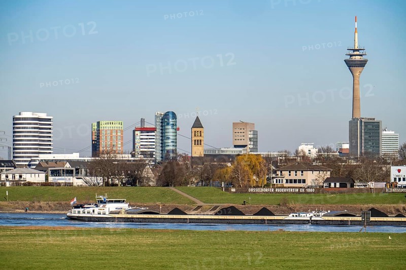 The skyline of Düsseldorf, with the skyscrapers in the Media Harbour, Rhine Tower, in front residential buildings on the Rhine in the Hamm district, Düsseldorf, North Rhine-Westphalia, Germany, Europe