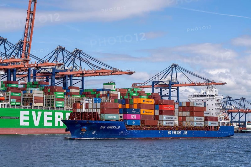 Euromax Container Terminal, BG Emerald of BF Fright Line, container feedership, container freighter Ever Genius, Evergreen shipping company, being loaded and unloaded, seaport of Rotterdam, deep-sea harbour Maasvlakte 2, on an artificial land area, Netherlands