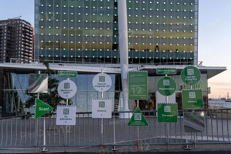 Information boards with QR code, on various topics, tourist information, at the Erasmus Bridge, on the Nieuwe Maas, Kop van Zuid, Rotterdam, Netherlands