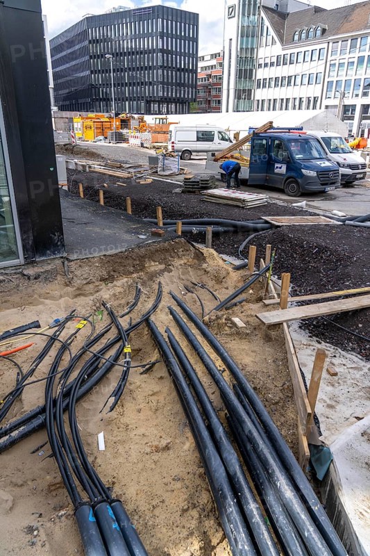 Supply lines, laid underground, exposed during a construction project, Bochum, North Rhine-Westphalia, Germany, Europe