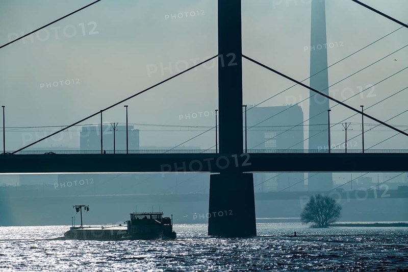 Dense fog slowly lifting, cargo ships on the Rhine near Düsseldorf, in front the Oberkassler bridge, behind it the Rheinknie bridge, North Rhine-Westphalia, Germany, Europe