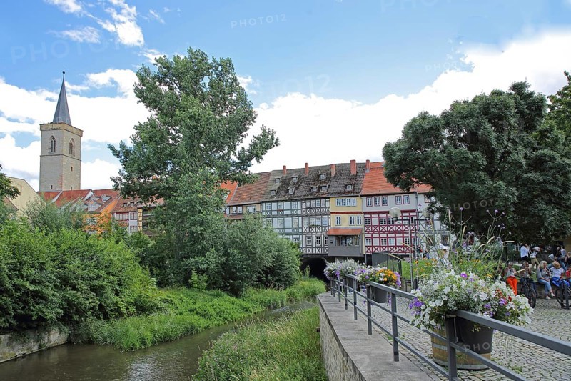 Famous Krämerbrücke and Gothic Ägidienkirche with river Gera, idyll, half-timbered houses, bridge houses, church tower, Erfurt, Thuringia, Germany, Europe