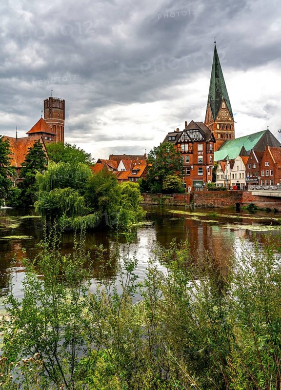 The water tower, river Ilmenau, Ratsmühle, St.Johanniskirche, city centre, old town of Lüneburg, Lower Saxony, Germany, Europe