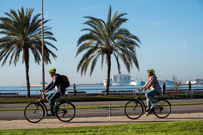 Waterfront promenade, ferries and cruise ship in the bay of Palma de Majorca, Spain, Europe
