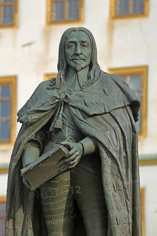 Monument to Duke Ernst I the Pious of Saxe-Gotha-Altenburg, sculpture with book and inscription, Gotha, Thuringia, Germany, Europe