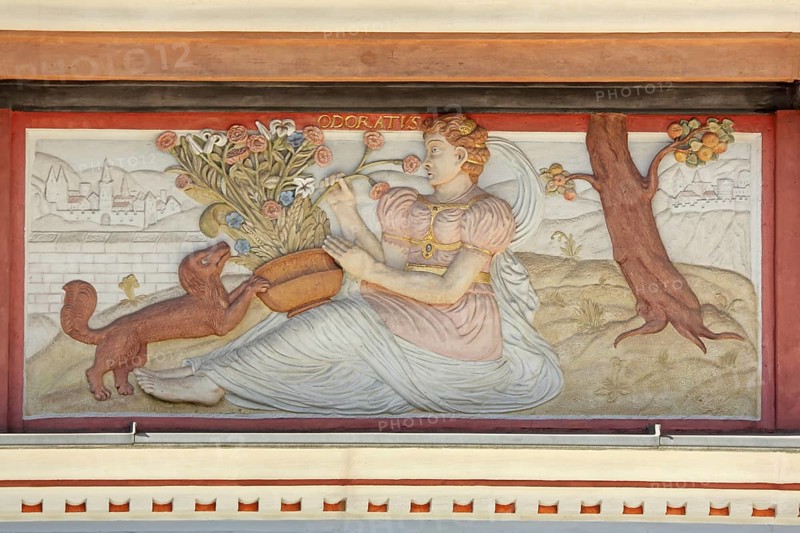 Relief Odoratus, lady, historical, clothing, allegory, mythology, dog figure, arts and crafts, painting, Haus Zum Breiten Herd, fish market, Erfurt, Thuringia, Germany, Europe