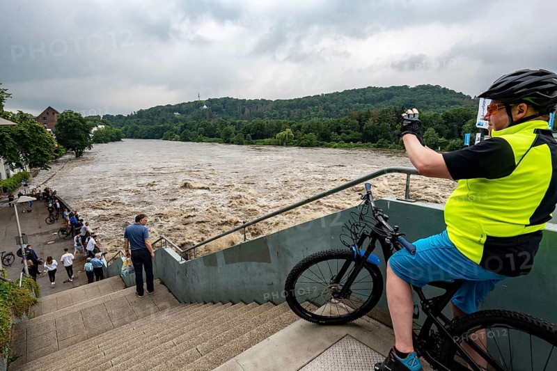 Weir of the Lake Baldeney in Essen, the masses of water roar through the open weirs, high water on the Ruhr, after long heavy rains the river came out of its bed and flooded the landscape and villages, the highest water level ever measured, North Rhine-Westphalia, Germany, Europe