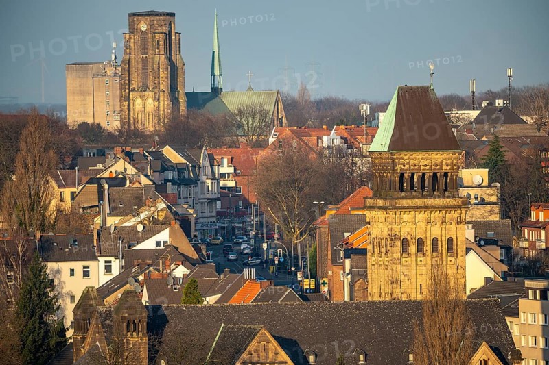 Panoramic view in north direction over Gelsenkirchen, district Buer, Horster Straße, in front tum of Ludgerus church, in the back Sankt Urbanus church