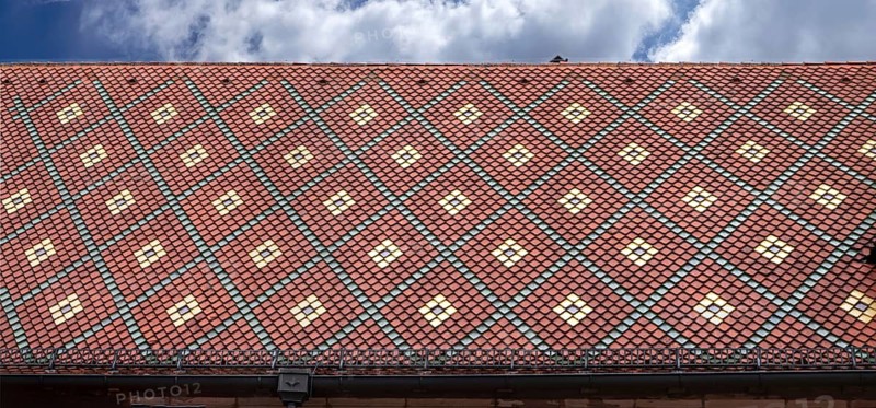 Decorated roof of the former council drinking parlour, so-called Gustav-Adolf-Haus, built in 1550, now the town library, Segringer Straße 2, Dinkelsbühl, Bavaria, Germany, Europe