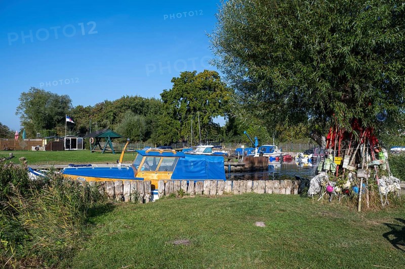 Fishing harbour on the Achterwasser, Zempin, Usedom Island, Baltic Sea, Mecklenburg-Western Pomerania, Germany, Europe