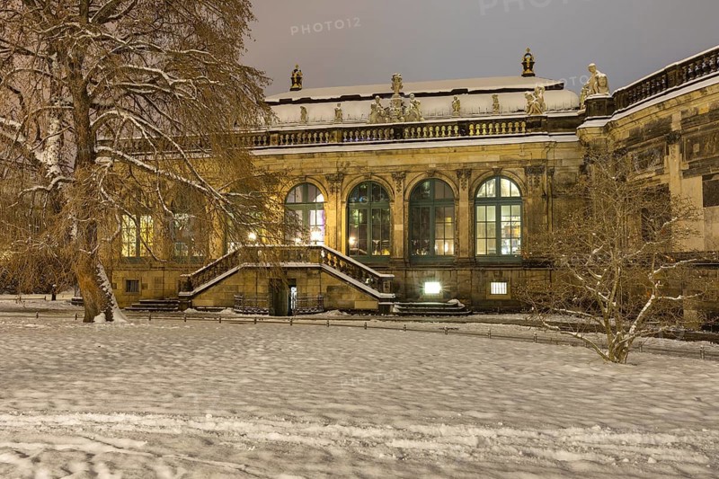 Old Town in the snow, porcelain pavilion of the Zwinger, exterior view at night, Dresden, Saxony, Germany, Europe