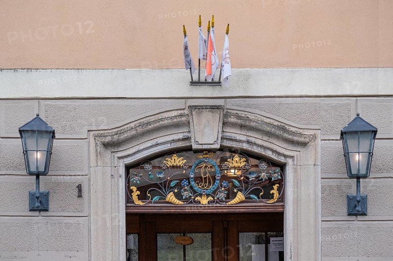 Entrance of the brewery pub Zum Wilden Mann, Dinkelsbühl, Bavaria, Germany, Europe
