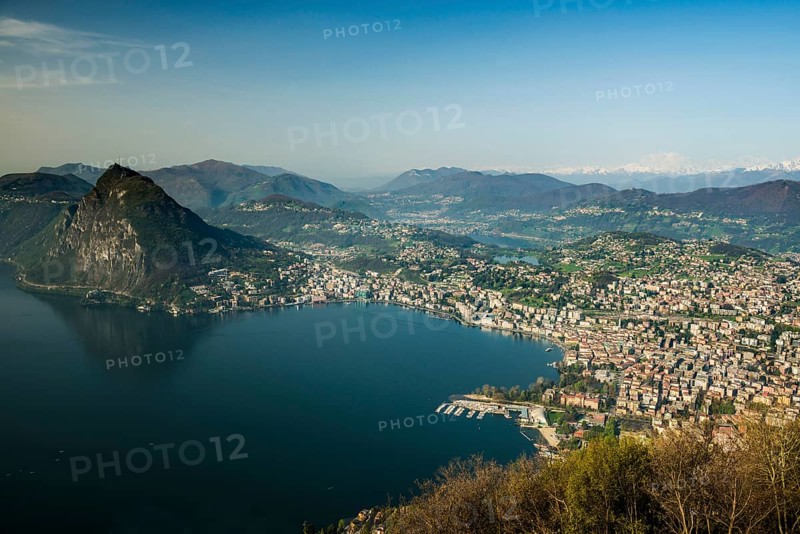 Panorama, View of Lugano from Monte Brè, Spring, Lugano, Lake Lugano, Lago di Lugano, Ticino, Switzerland, Europe