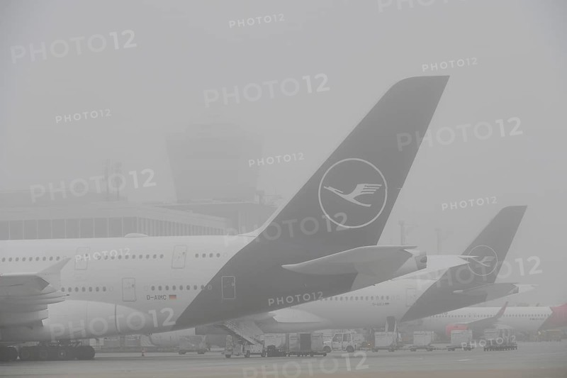 Lufthansa, Airbus, A380-800 at check-in position in the fog, satellite, Terminal 2, Munich Airport, Upper Bavaria, Bavaria, Germany, Europe