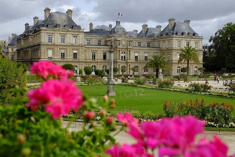 In the Jardin du Luxembourg: well-tended park with lush flowers, the Palais du Luxembourg in the background. Landscape format. In the Jardin du Luxembourg: well-tended parks with lush flowers, in the background the Palais du Luxembourg. Horizontal format