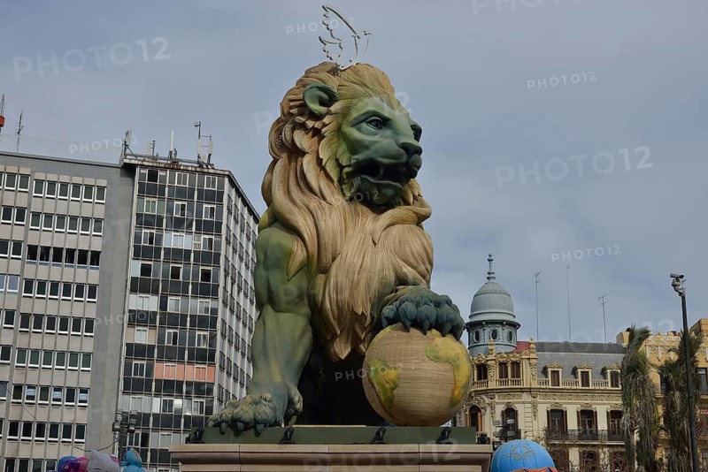 Falla figure, lion made of paper mache, Fallas festival, Valencia, Spain, Europe