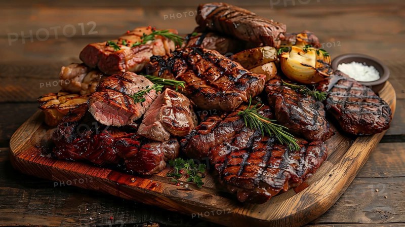 Plate with A stack of several grilled steaks. generative AI, AI generated