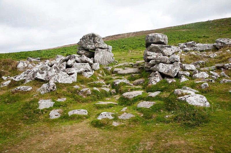 Entrance to the late Bronze age enclosed settlement site of Grimspound, Dartmoor national park, Postbridge, Devon, England, United Kingdom, Europe