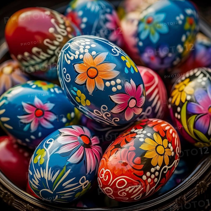 Easter celebration, featuring close up of a collection of brightly colored eggs, each intricately painted with various patterns and designs, placed in a wicker basket, AI generated