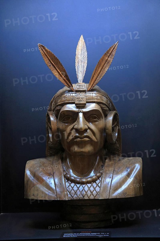 Bust Inca Emperor Atahualpa in exhibition about exploration and conquest of South America, Trujillo, Spain, Europe