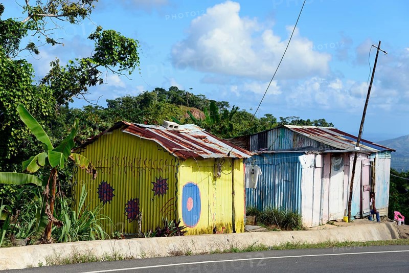 Houses made of corrugated iron on the roadside with colourful murals against a tropical background, located between Pedro Sanchez and Miches, Cordillera Oriental, Dominican Republic, Hispaniola, Caribbean, America, Central America