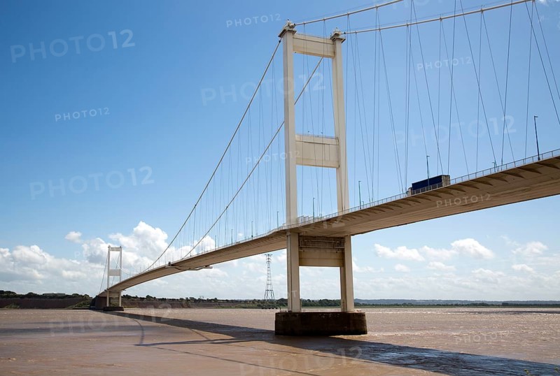 The old 1960s Severn bridge crossing between Beachley and Aust, Gloucestershire, England, UK looking east
