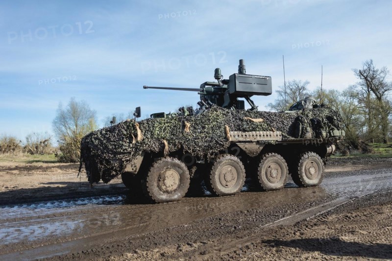 A Pandur wheeled armoured vehicle from Czech forces as part of the 'Wettiner Schwert' military exercise near Tangermünde, 26.03.2024. 'Wettiner Schwert' is part of the Quadriga exercise of the German Armed Forces and the NATO Steadtfast Defender 2024 large-scale manoeuvre