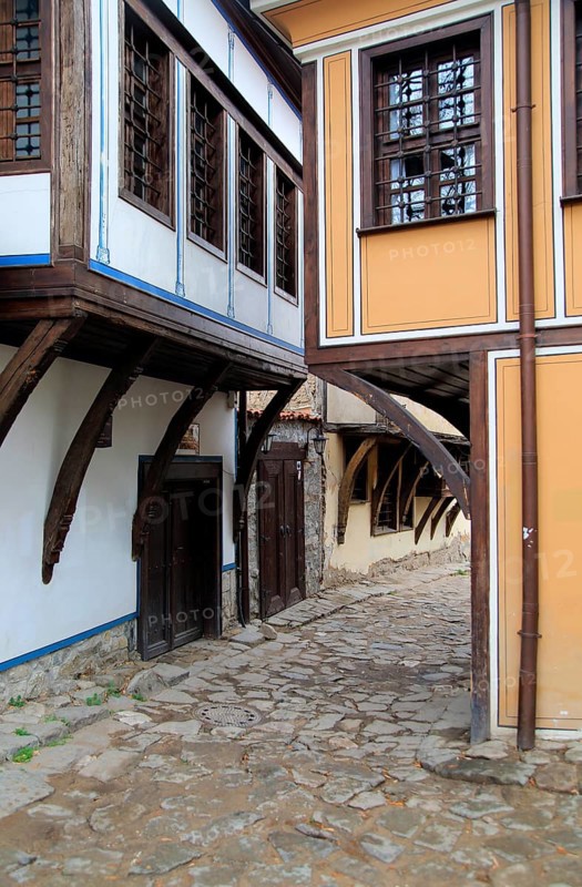 Historic buildings with overhanging upper storeys in historic old town area of Plovdiv, Bulgaria, Europe