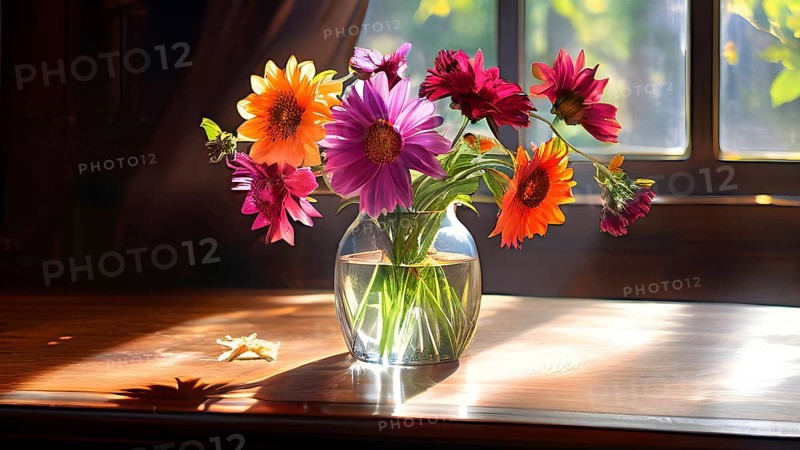 Transparent crystal glass vase with vibrant blooming flowers, AI generated