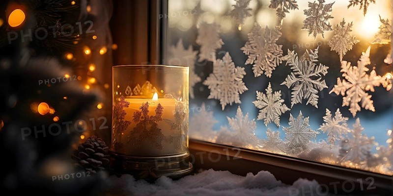 Snow-covered window with frost patterns, candlelight softly glowing through the glass, and warm, blurry Christmas lights in the background, AI generated