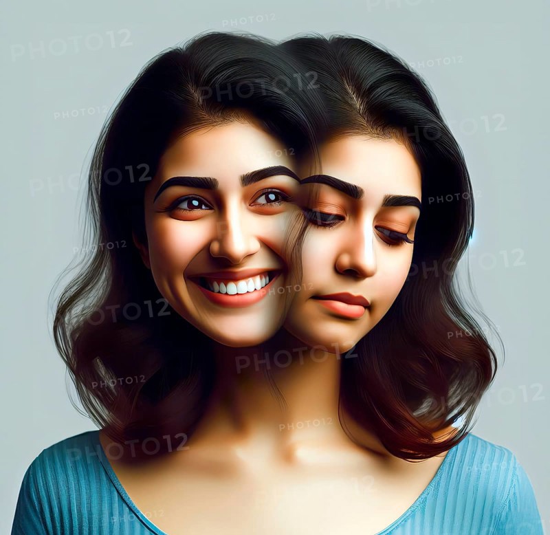 Split personality, a young woman with two faces, one laughing and one serious, symbolic image Janus head, conflict, psychology, AI generated, AI generated