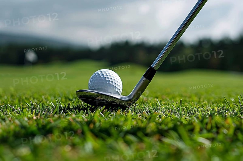 Close up of golf ball and club on grass. Generative AI, AI generated