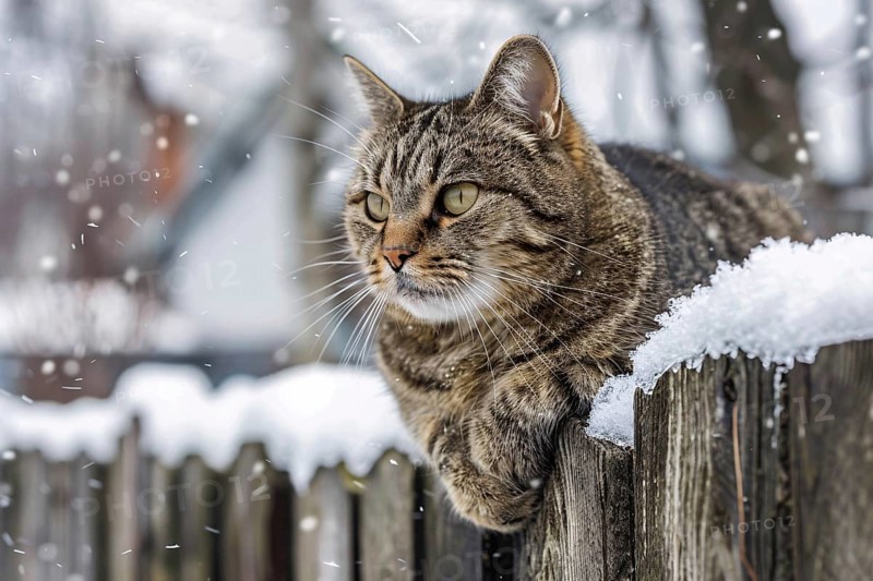 Cat sitting on snow covered fence in winter. Generative Ai, AI generated