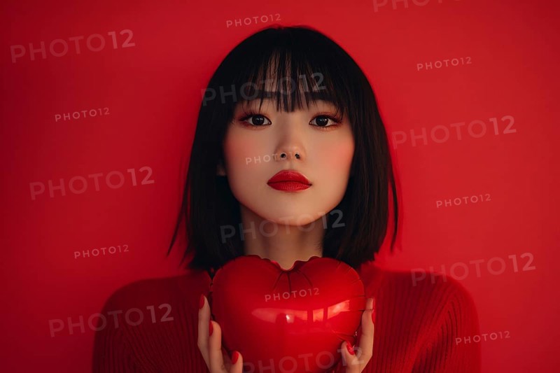 Asian woman holding small red heart shaped Valentine's Day balloon. Generative AI, AI generated