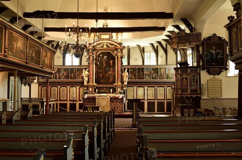 Europe, Germany, Hamburg, Bergedorf district, Church of St Peter and St Pauli, half-timbered, 16th, 17th century, Interior, View to the altar and pulpit, Hamburg, Hamburg, Federal Republic of Germany, Europe