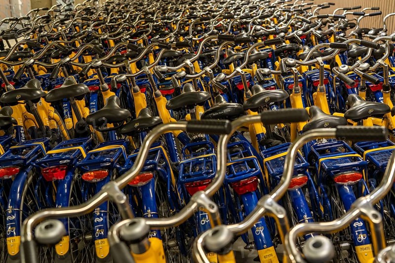 Bicycles at the OV-Fiets rental station, at Utrecht Central Station, hundreds of rental bikes waiting to be used, offer of the Dutch railway NS, for customers, low rental costs, available at almost every station, Utrecht, Netherlands
