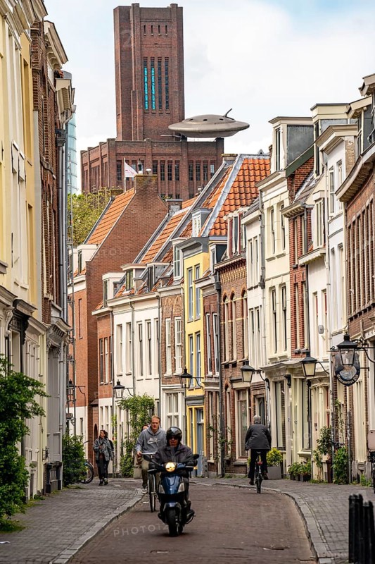 Utrecht, Netherlands, historic city centre, Haverstraat, old town houses, lanterns, residential buildings, in the background building Inktpot, highest brick building in the Netherlands, office building, UFO on the roof, object of a former exhibition