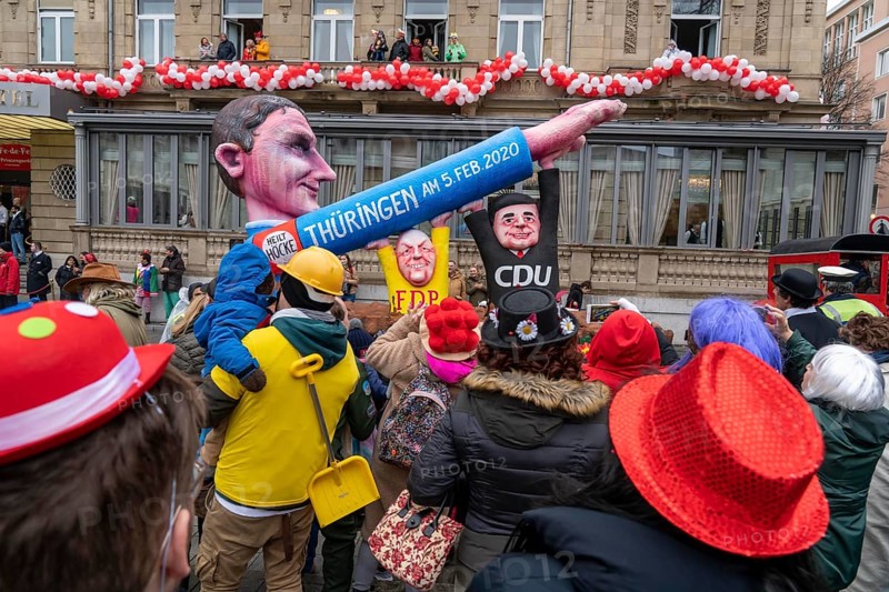 Rose Monday parade in Düsseldorf, street carnival, carnival float by float builder Jacques Tilly, AFD leader Höcke holds up his right arm, supported by CDU and FDP, after the Thuringia election