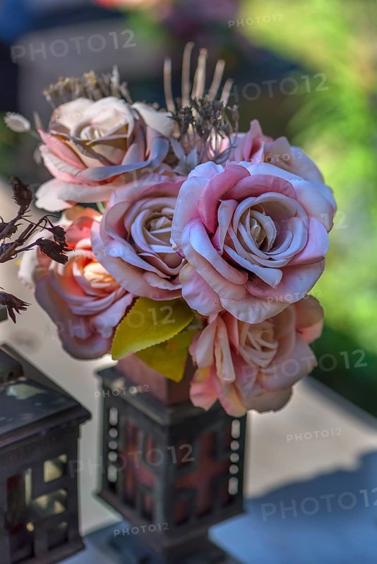 Faded fabric roses on a grave in the Staglieno Monumental Cemetery, Cimitero Monumentale di Staglieno, Piazzale Giovanni Battista Resasco, Genoa, Italy, Europe
