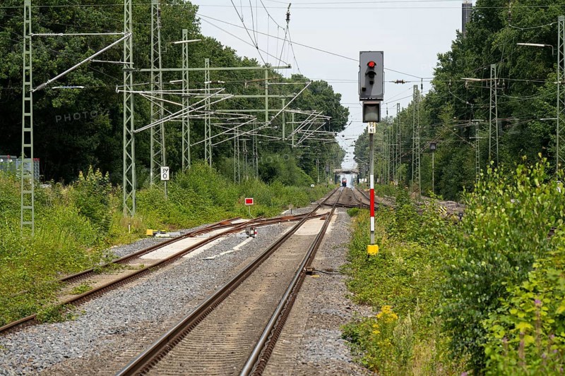 Signal, tracks and train, Dülmen, Münsterland, North Rhine-Westphalia, Germany, Europe