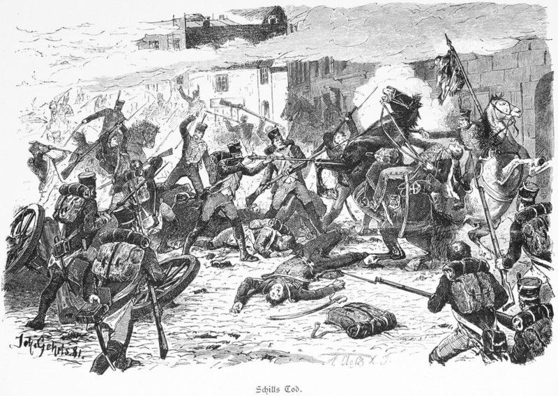 Schill's death in Stralsund, Mecklenburg-Vorpommern, Germany, Ferdinand Baptista von Schill, 19th century, officer, battle, horseman, rifles, soldiers, sword, flag, historical illustration 1880, Europe